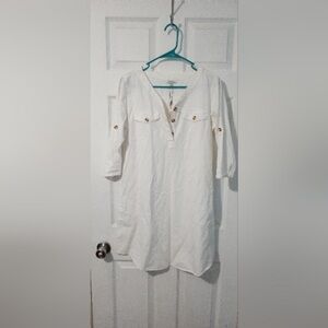 White Button-Shoulder Tunic Dress